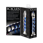 Icicles No. 5 Curved Ribbed 7 in. Glass Dildo Blue/Clear