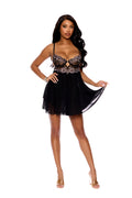 Elegant Moments Scalloped Lace And Mesh Babydoll With Underwire Cups, Keyhole Front, Adjustable Straps And Hook And Eye Back Closure, Babydoll Has A Double Layer Of Mesh, Matching G-string Included