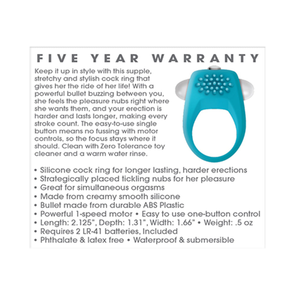 Zero Tolerance Teal Tickler Single-Speed Vibrating Silicone Cockring Teal