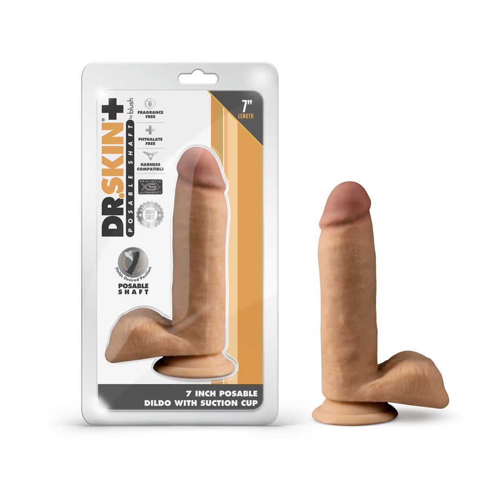 Dr. Skin Plus Realistic 7 in. Triple Density Posable Dildo with Balls Tan