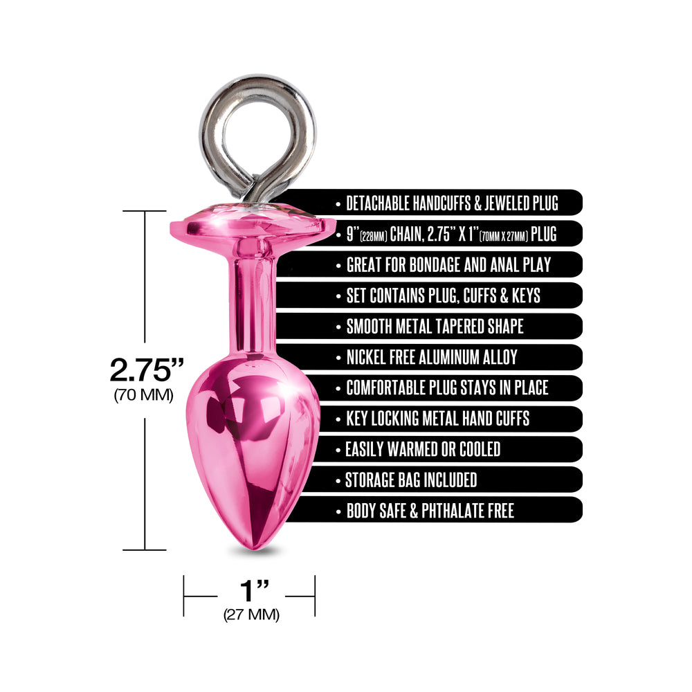Nixie Metal Butt Plug & Furry Handcuff Set Medium Pink Metallic