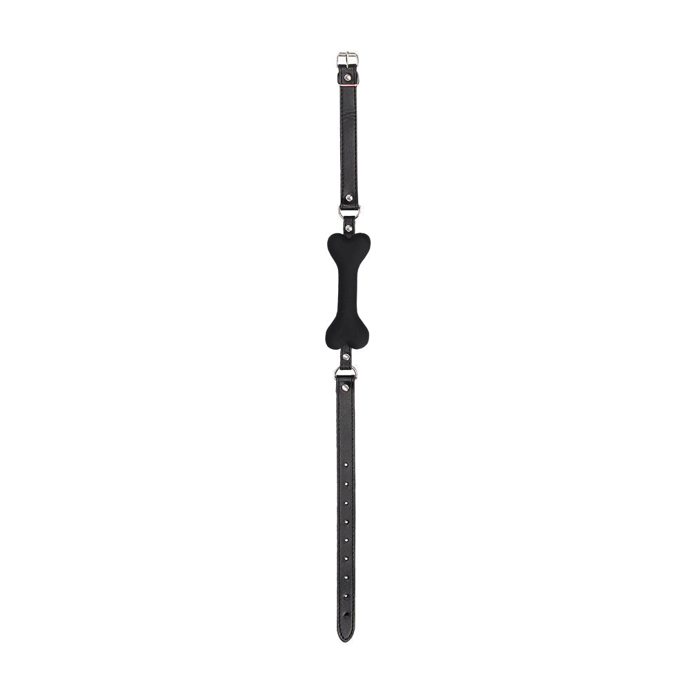 Ouch! Black & White Silicone Bone Gag With Adjustable Bonded Leather Straps Black