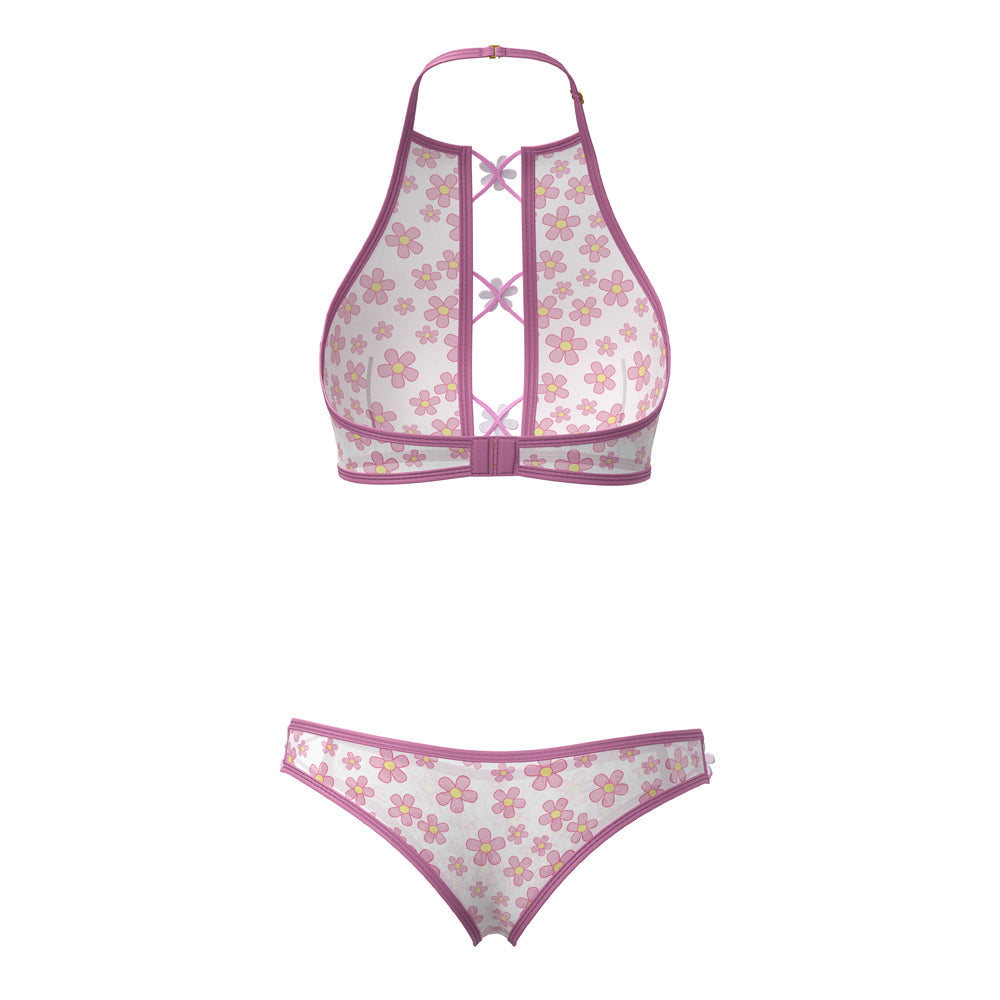 Magic Silk Daisy Halter Bralette & Panty Set Daisy Print Queen Size