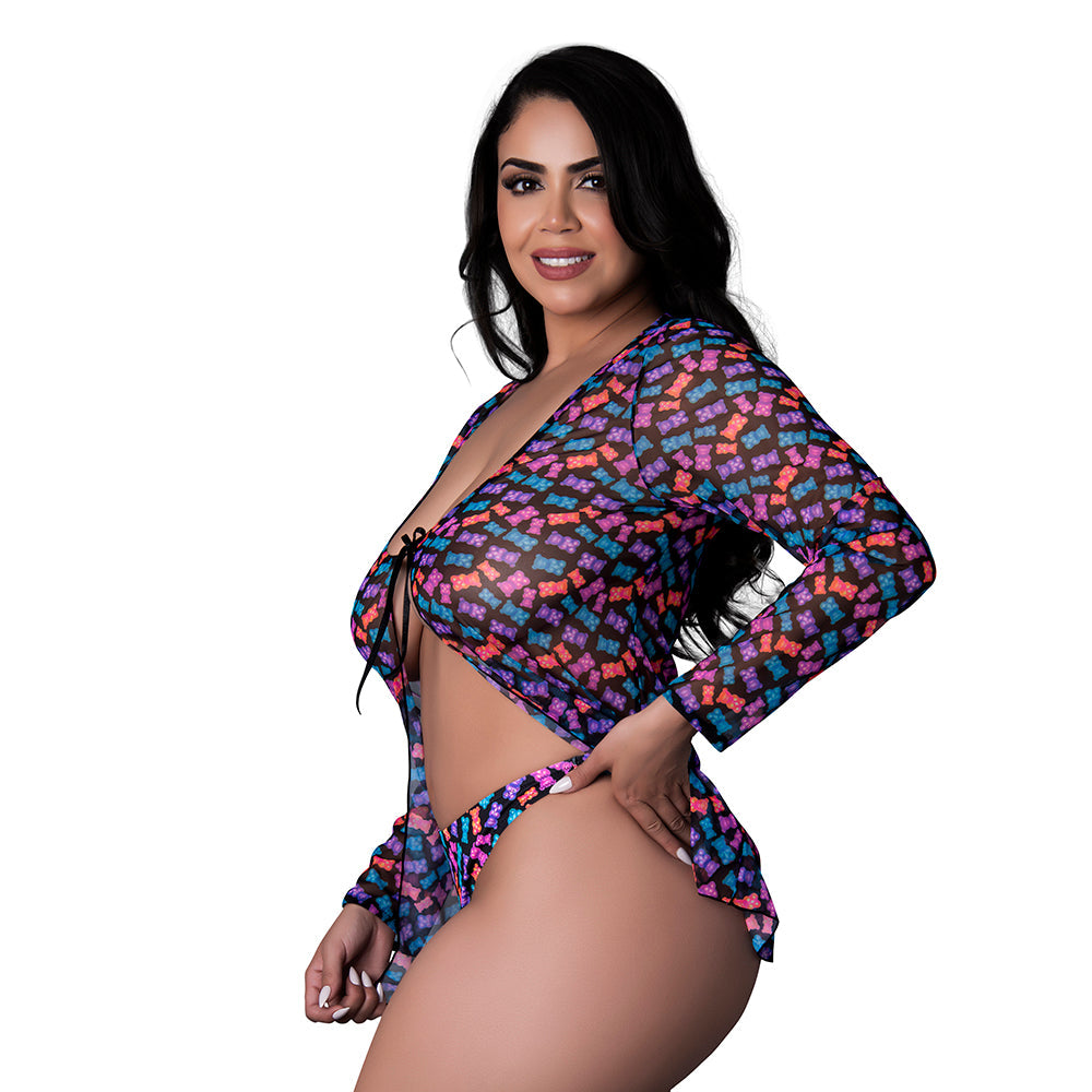 Magic Silk Hazy Dayz Tie Front Jacket & Thong Set Gummy Bears Queen Size