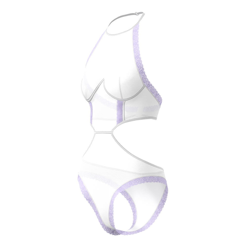 Magic Silk Sheer Passion Halter Teddy White/Lavender L/XL