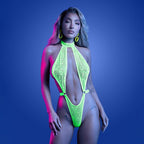 Fantasy Lingerie Glow Mind Control UV Reactive Lace Halter Plunge Teddy M/L