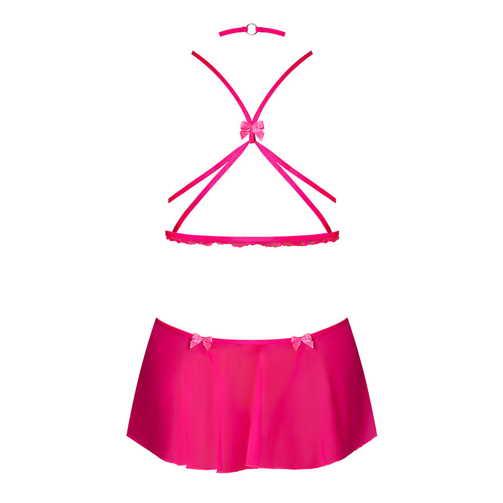 Magic Silk Pink Kink Harness Top, Open Crotch Skirt Panty & Choker Pink Glow L/XL