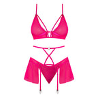 Magic Silk Pink Kink Bralette, High Leg Panty & Garter Skirt Set Pink Glow L/XL