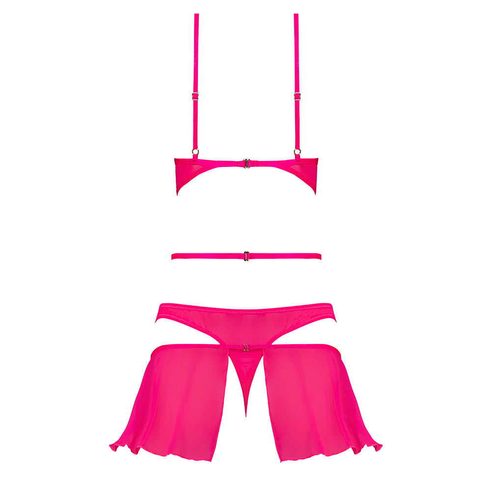Magic Silk Pink Kink Bralette, High Leg Panty & Garter Skirt Set Pink Glow L/XL