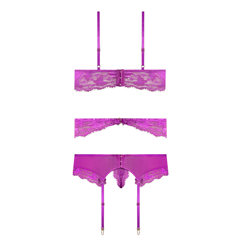 Magic Silk Butterfly Fantasies Bra, Garter & Thong Set Neon Purple L/XL
