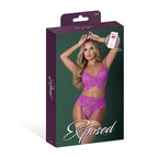 Magic Silk Butterfly Fantasies Bra, Garter & Thong Set Neon Purple L/XL