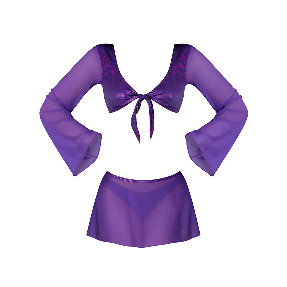 Magic Silk Glimmer LS Crop Top, Mini Skirt & Tie Side Thong Purple Disco S/M