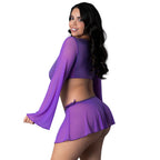 Magic Silk Glimmer LS Crop Top, Mini Skirt & Tie Side Thong Purple Disco Queen Size