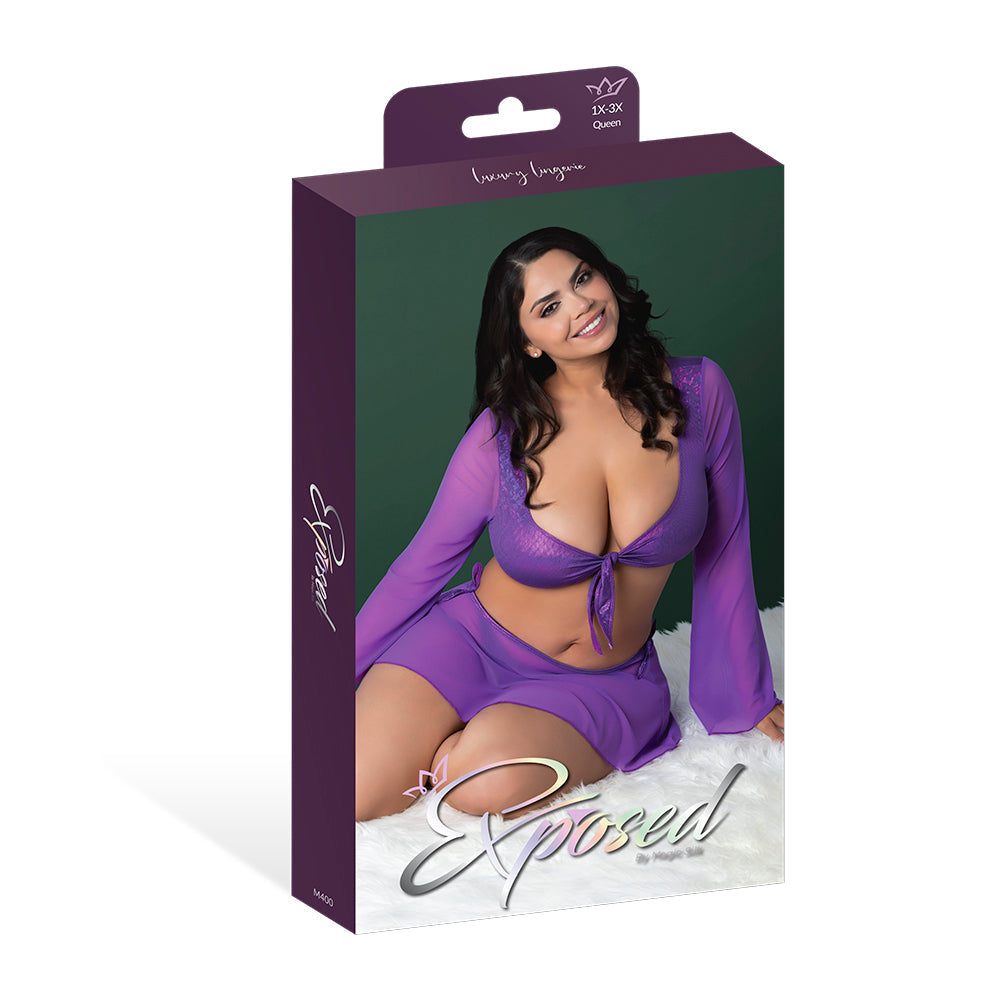 Magic Silk Glimmer LS Crop Top, Mini Skirt & Tie Side Thong Purple Disco Queen Size