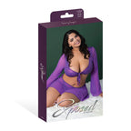 Magic Silk Glimmer LS Crop Top, Mini Skirt & Tie Side Thong Purple Disco Queen Size