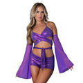 Magic Silk Glimmer Wrap Bralette, Booty Shorts & Sleeve Set Purple Disco L/XL