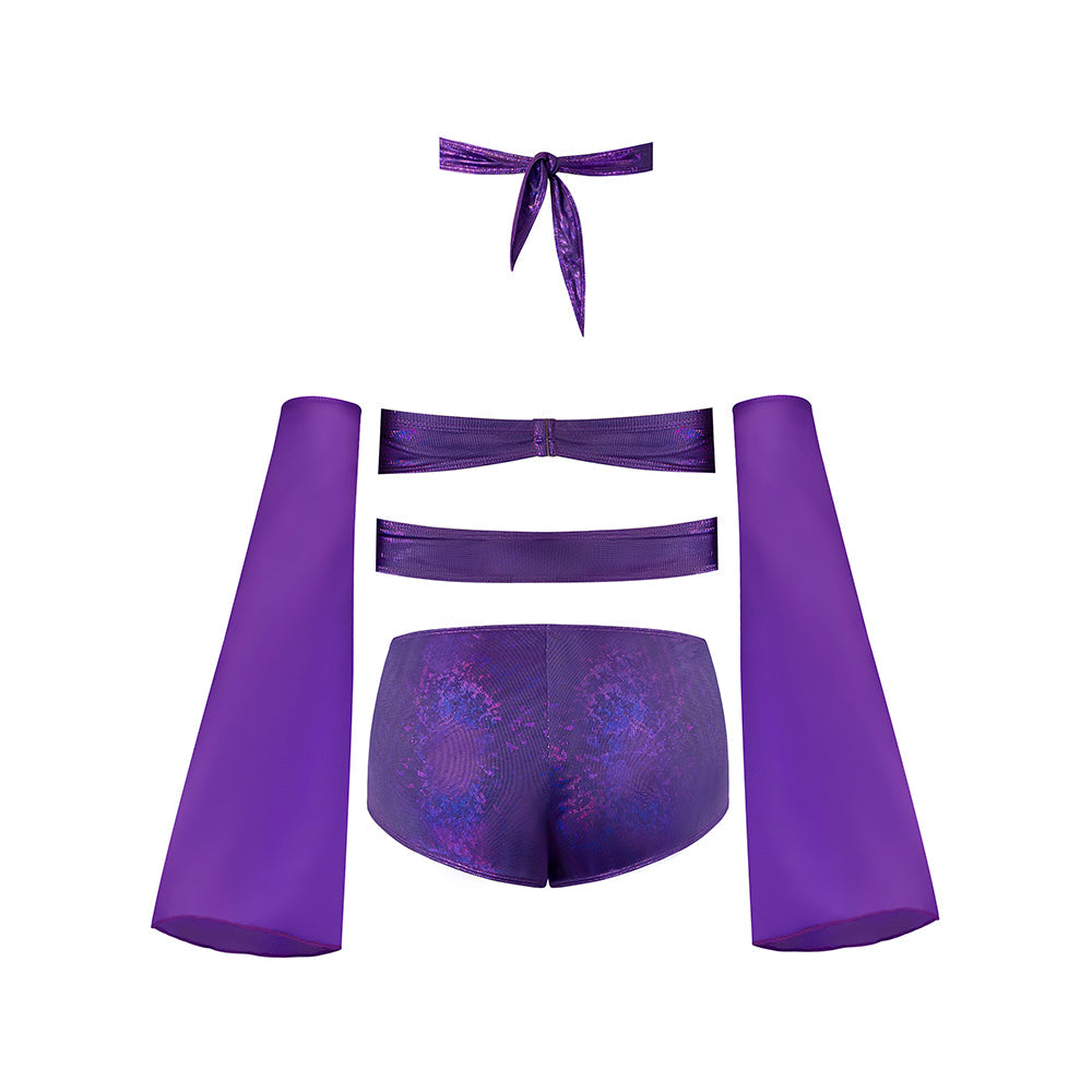 Magic Silk Glimmer Wrap Bralette, Booty Shorts & Sleeve Set Purple Disco L/XL