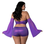Magic Silk Glimmer Wrap Bralette, Booty Shorts & Sleeve Set Purple Disco Queen Size