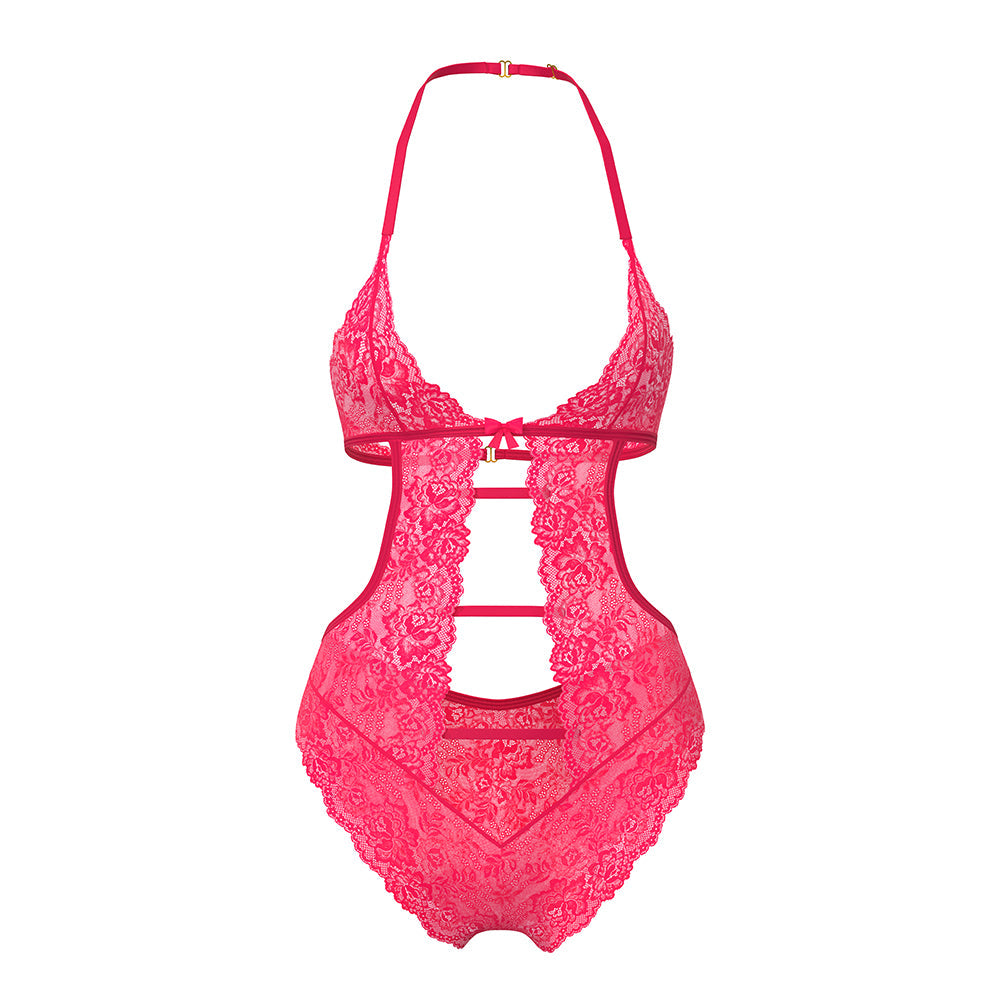 Magic Silk Get It Girl Halter Teddy with Snap Crotch Diva Pink Queen Size